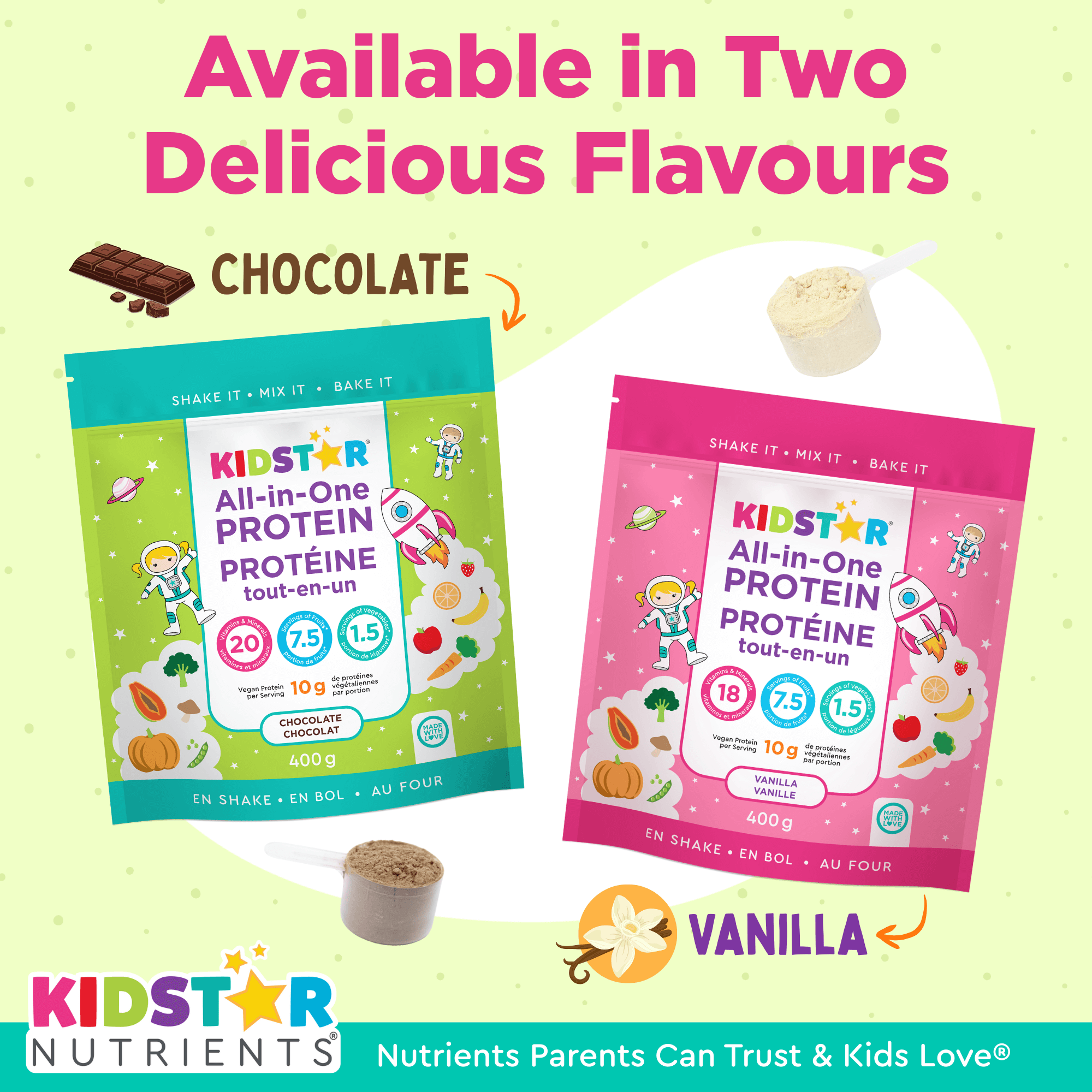 KidStar All-in-One Protein available in two delicious flavours, chocolate and vanilla