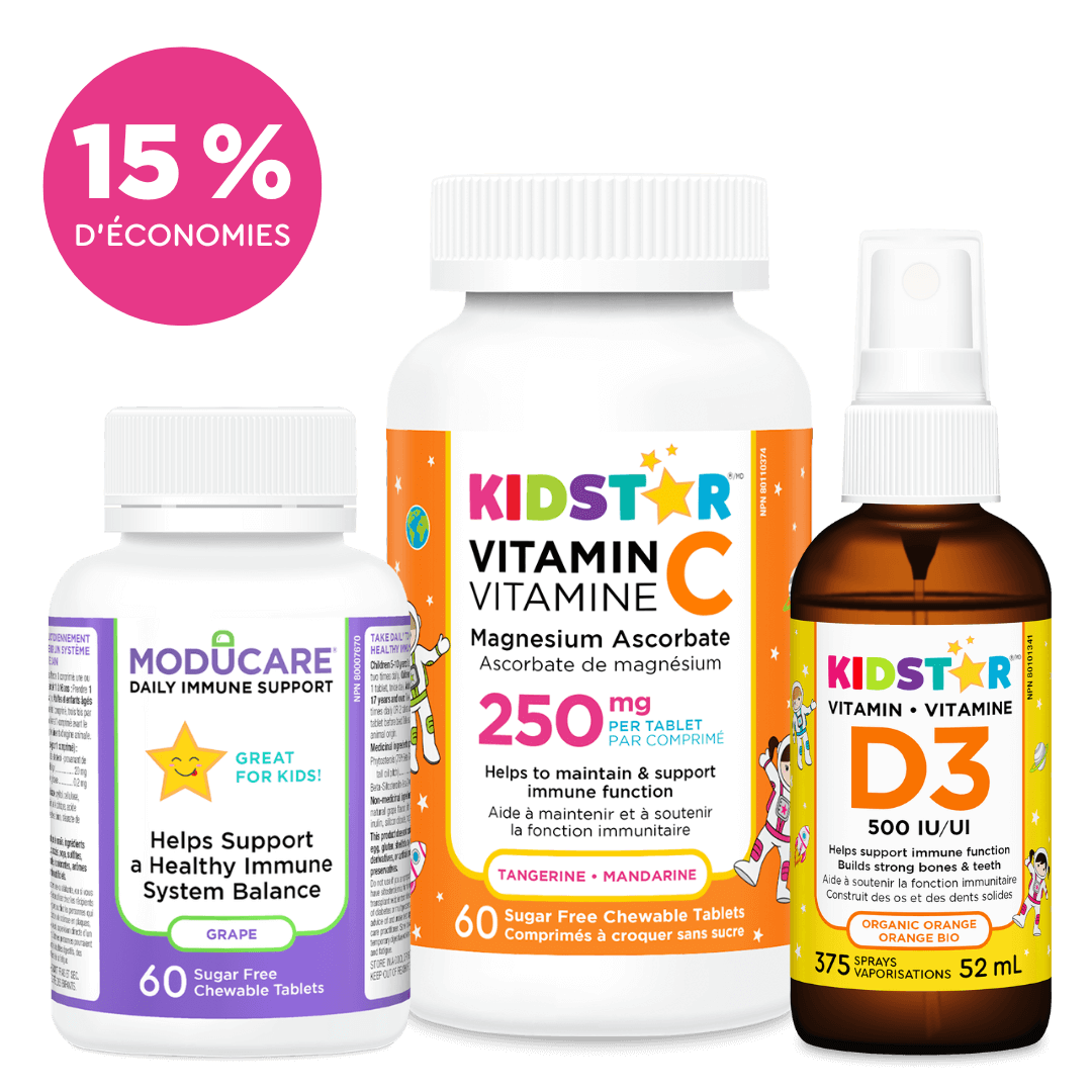Coffret d'immunité KidStar avec Moducare Grape Chew, vitamine C et spray à la vitamine D3