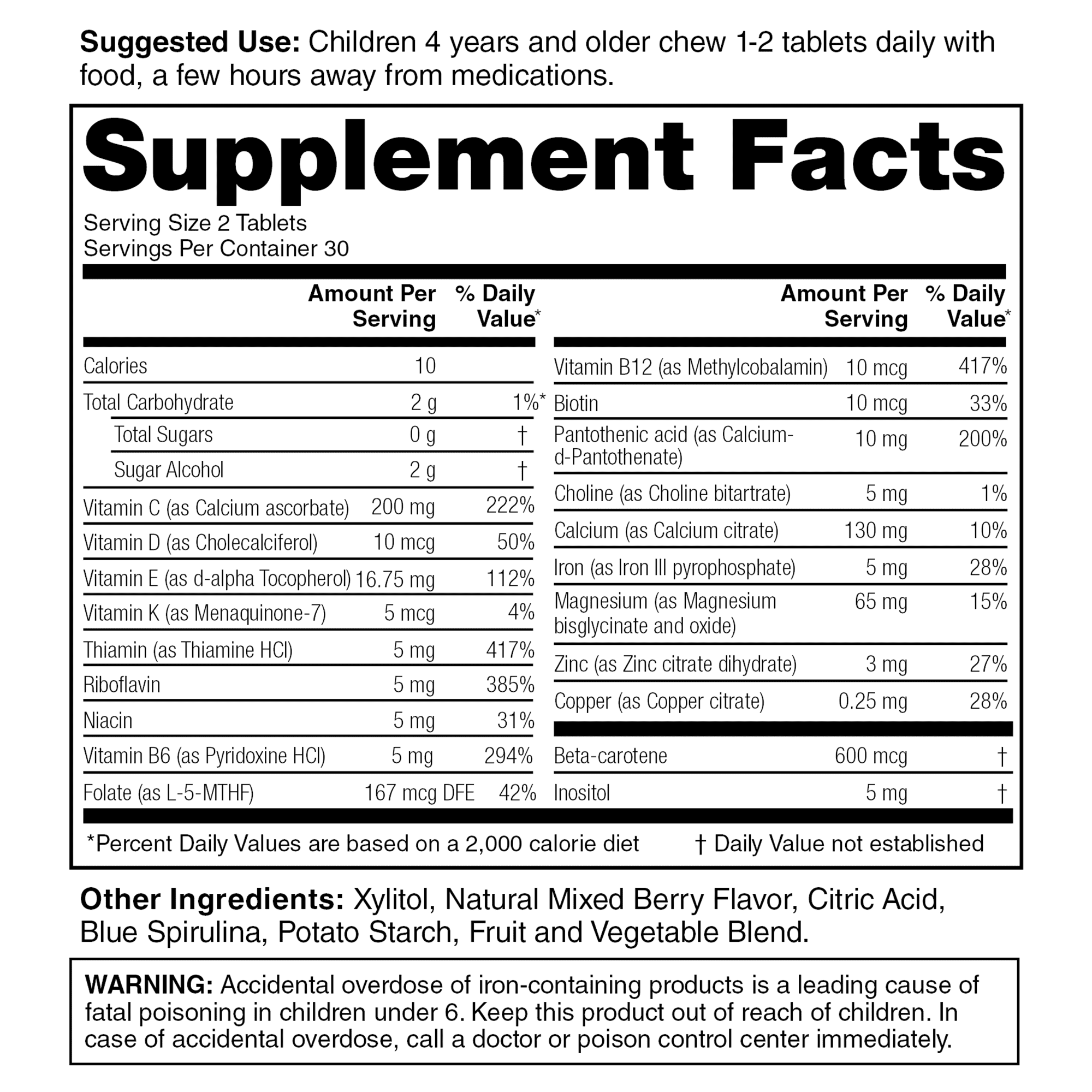 StarMulti US Supplement Facts table