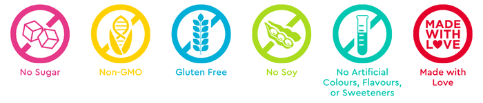 Website-Homepage-Icons-English_071824 No sugar, Non-GMO, Gluten free, No soy, No artificial colours, flavours, or sweeteners, Made with Love