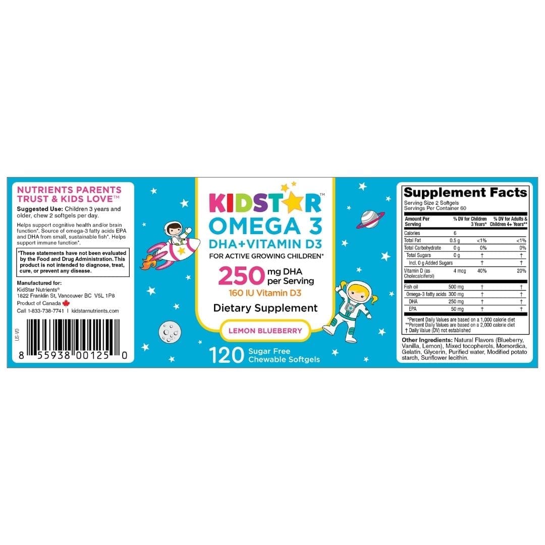 KidStar Nutrients Omega 3 softgels, flat label