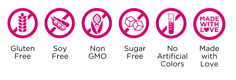 gluten free, soy free, non-GMO, sugar free, no artificial colors, made with love